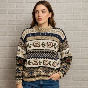 Vintage 80s 90s Express Cie Internationale Handknit Sweater Rose Fair‎ Isle M